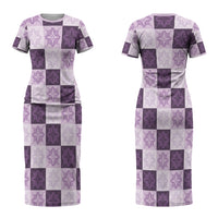 Lavender Manta Ray Hawaiian Quilt Motif Couples Matching Short Sleeve Bodycon Dress and Long Sleeve Button Shirt