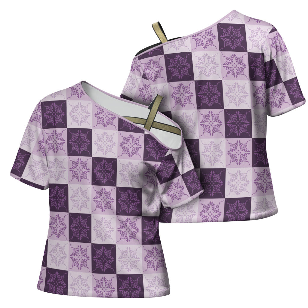 Lavender Manta Ray Hawaiian Quilt Motif Cross Shoulder Shirt