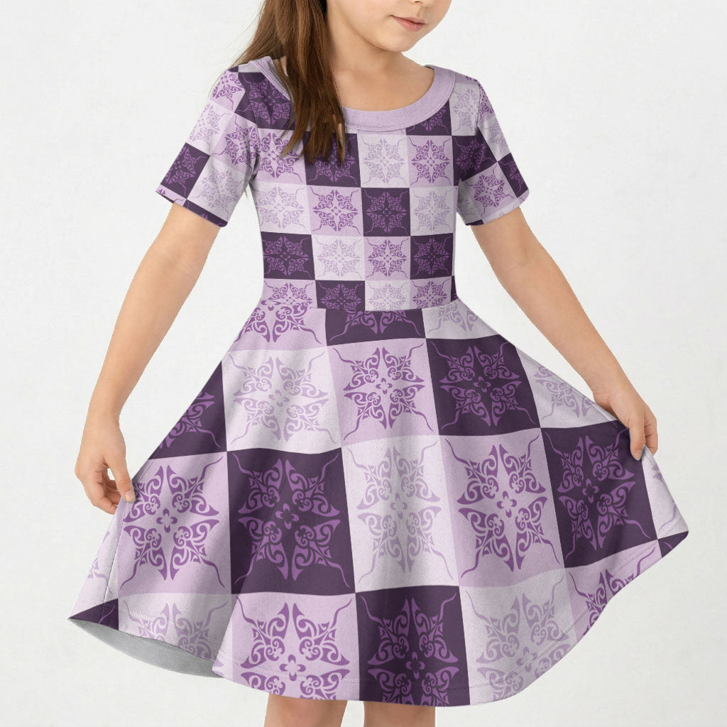 Lavender Manta Ray Hawaiian Quilt Motif Kid Short Sleeve Dress