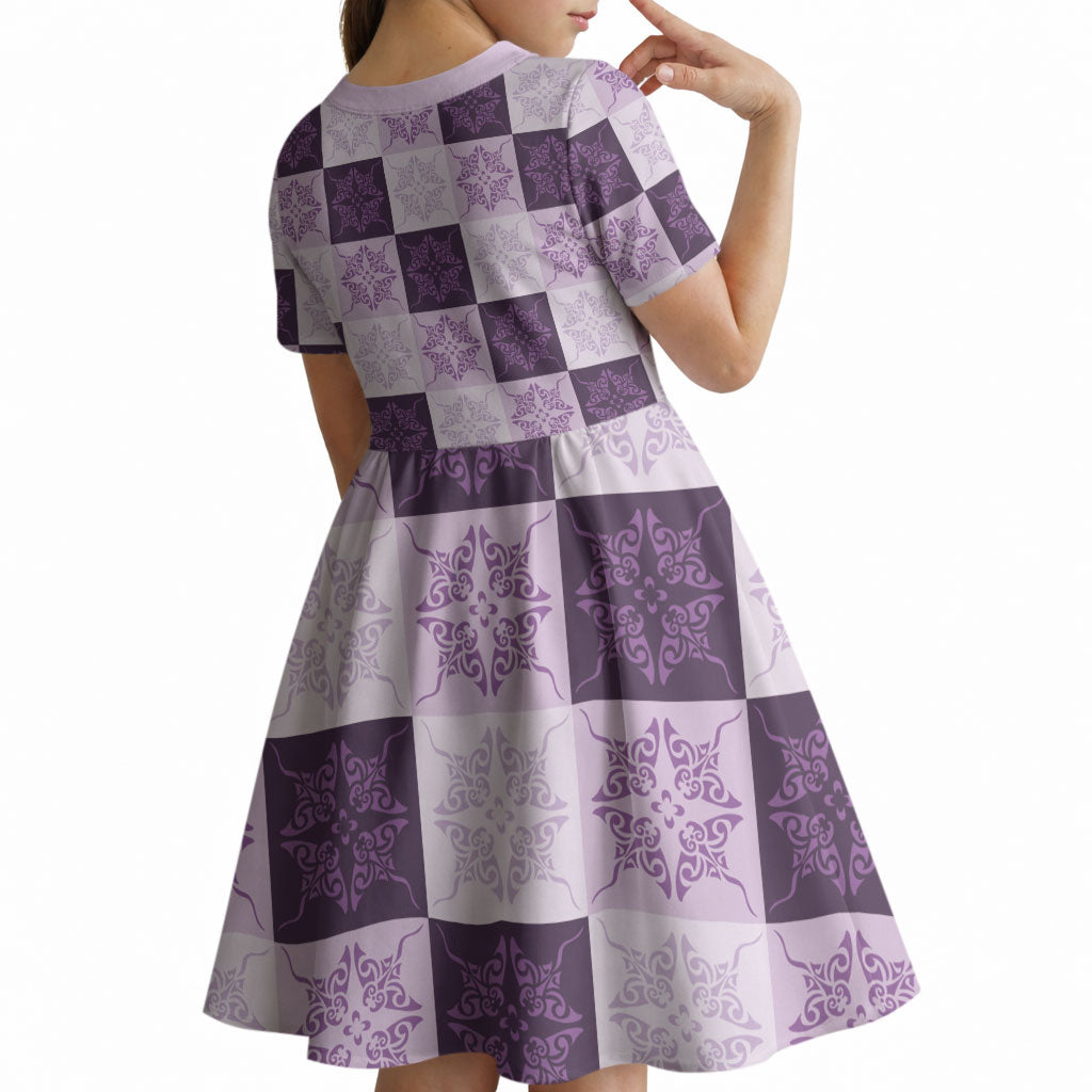 Lavender Manta Ray Hawaiian Quilt Motif Kid Short Sleeve Dress