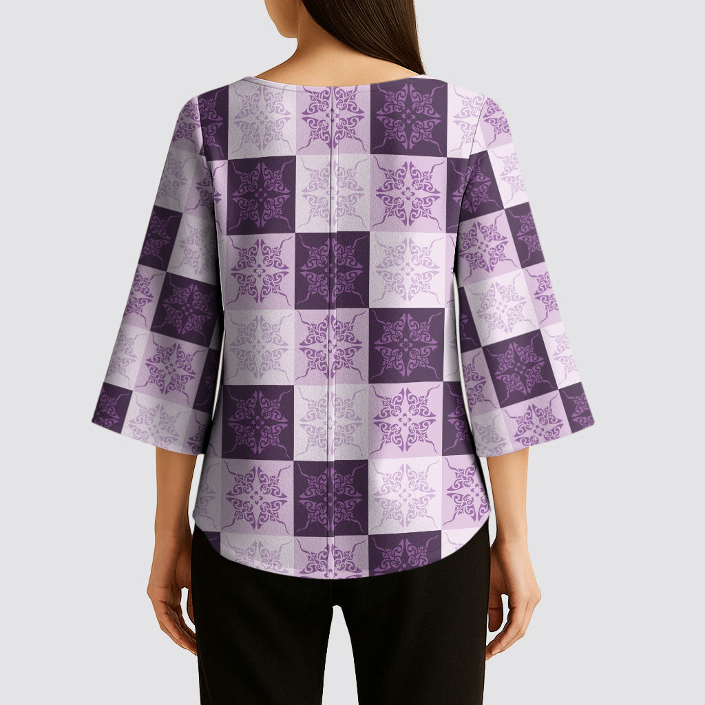 Lavender Manta Ray Hawaiian Quilt Motif Kimono Sleeve Blouse