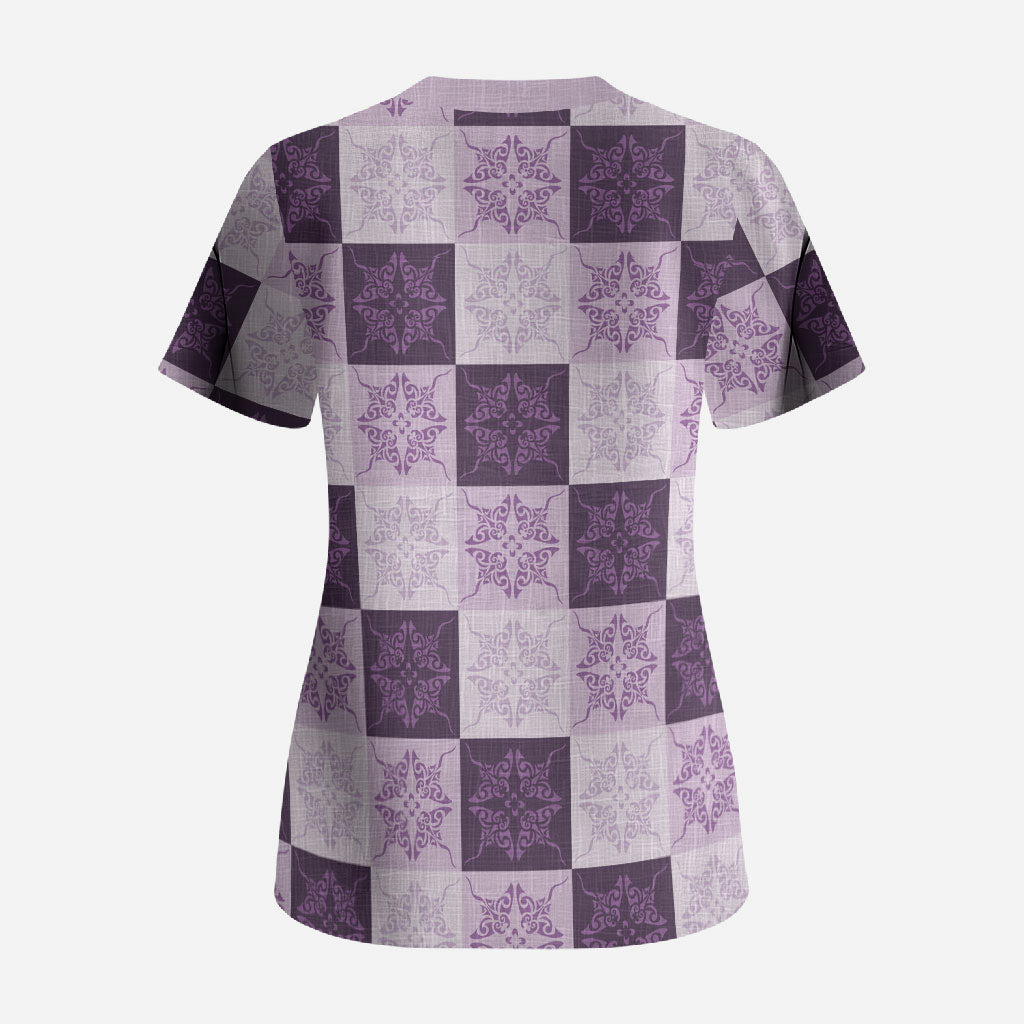 Lavender Manta Ray Hawaiian Quilt Motif Scrub Top