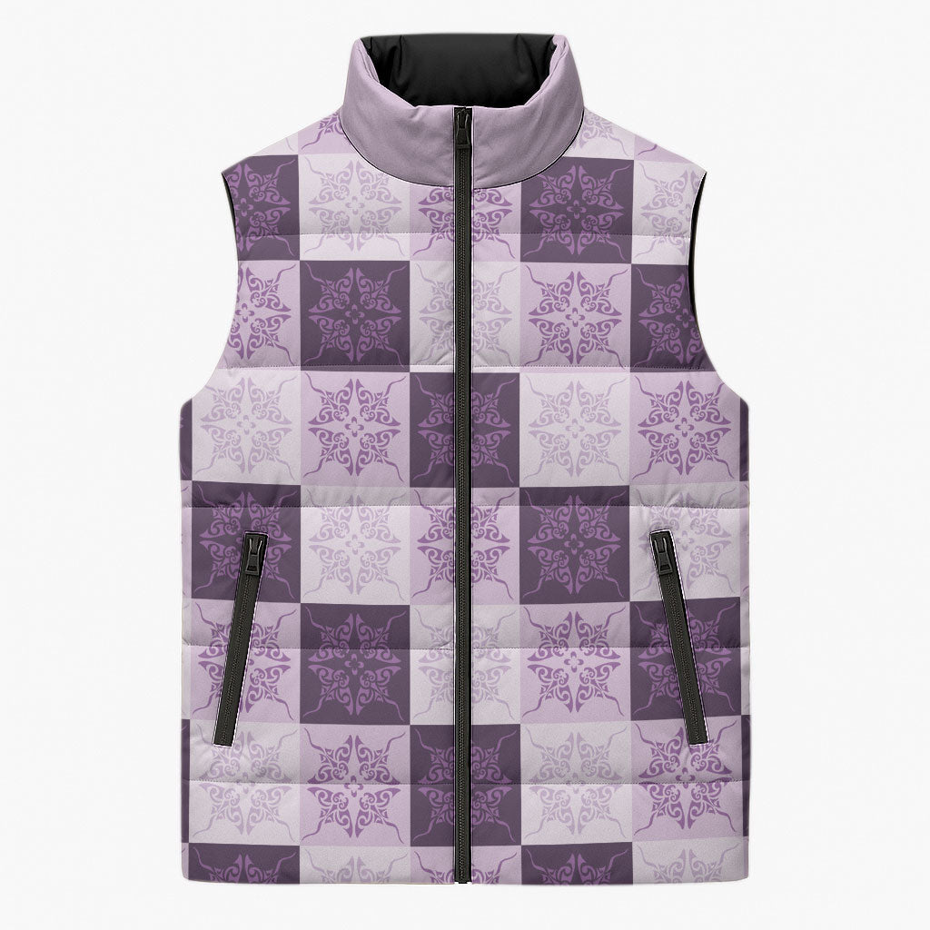 Lavender Manta Ray Hawaiian Quilt Motif Sleeveless Puffer Jacket