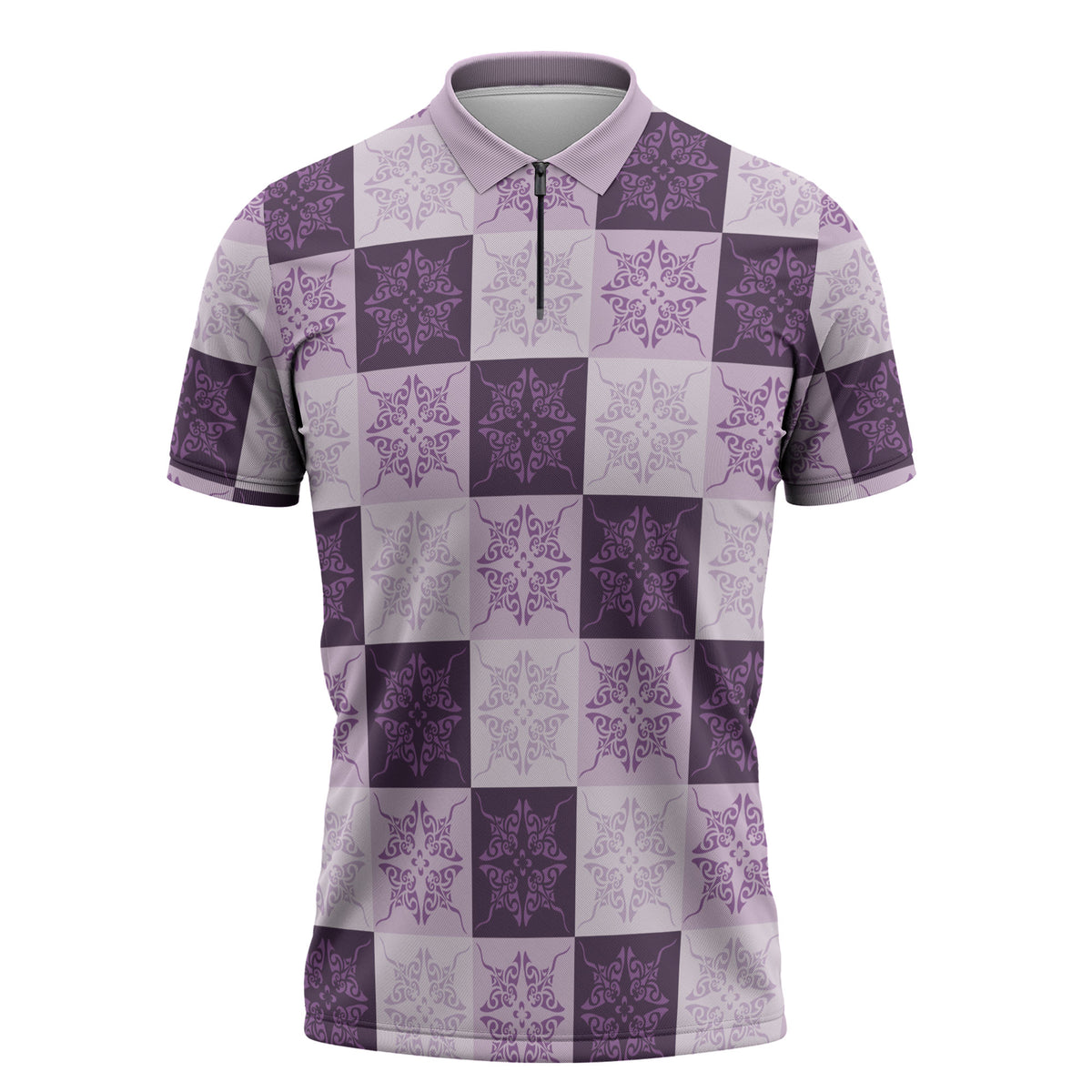 Lavender Manta Ray Hawaiian Quilt Motif Zipper Polo Shirt