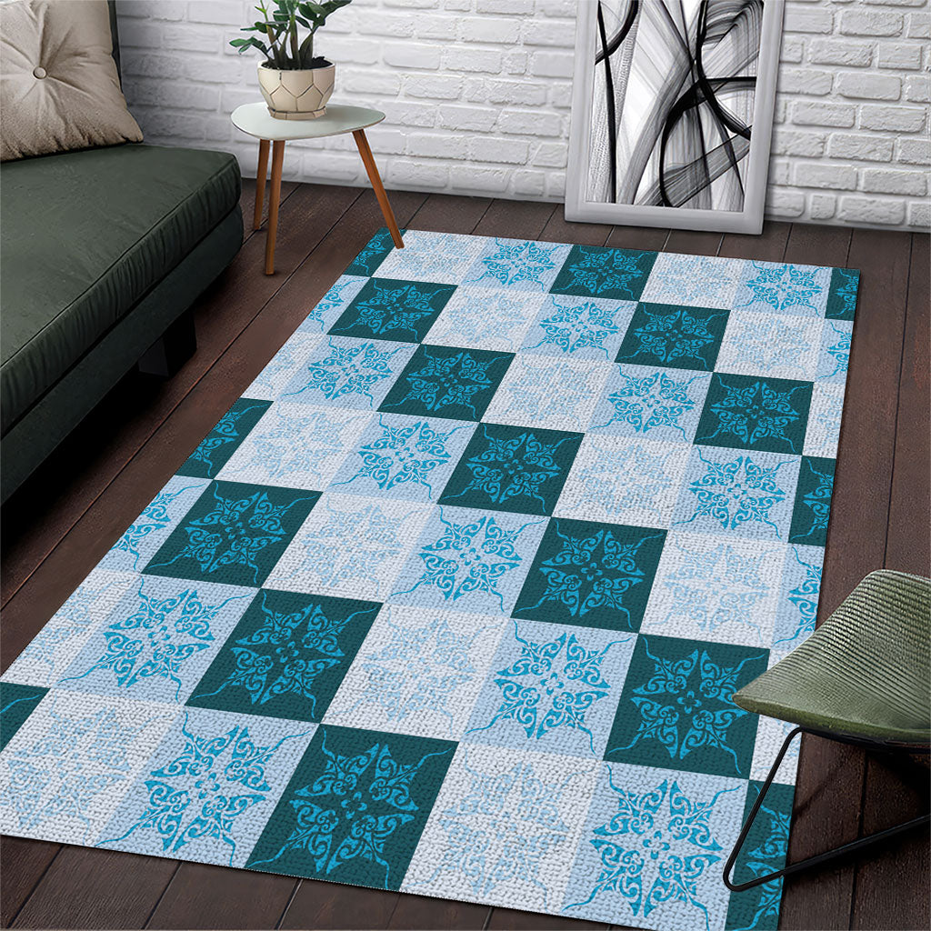 Cyan Manta Ray Hawaiian Quilt Motif Area Rug