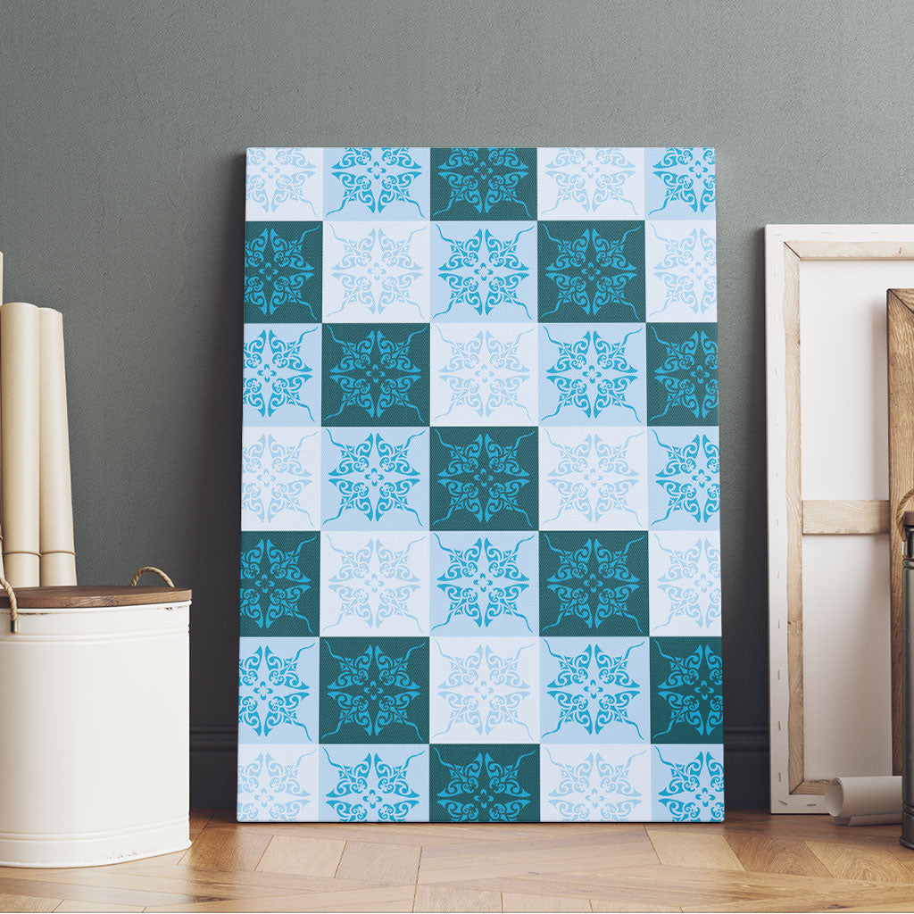 Cyan Manta Ray Hawaiian Quilt Motif Canvas Wall Art