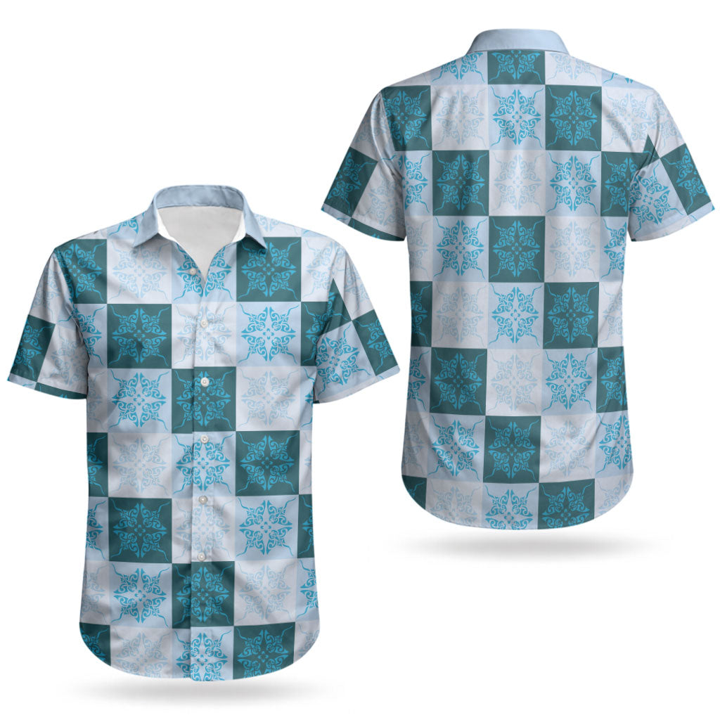 Cyan Manta Ray Hawaiian Quilt Motif Couples Matching Long Sleeve Bodycon Dress and Hawaiian Shirt