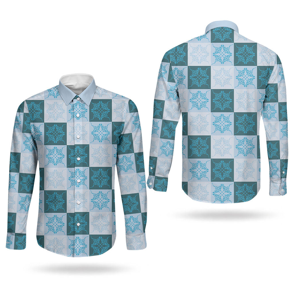 Cyan Manta Ray Hawaiian Quilt Motif Couples Matching Off Shoulder Short Dress and Long Sleeve Button Shirt