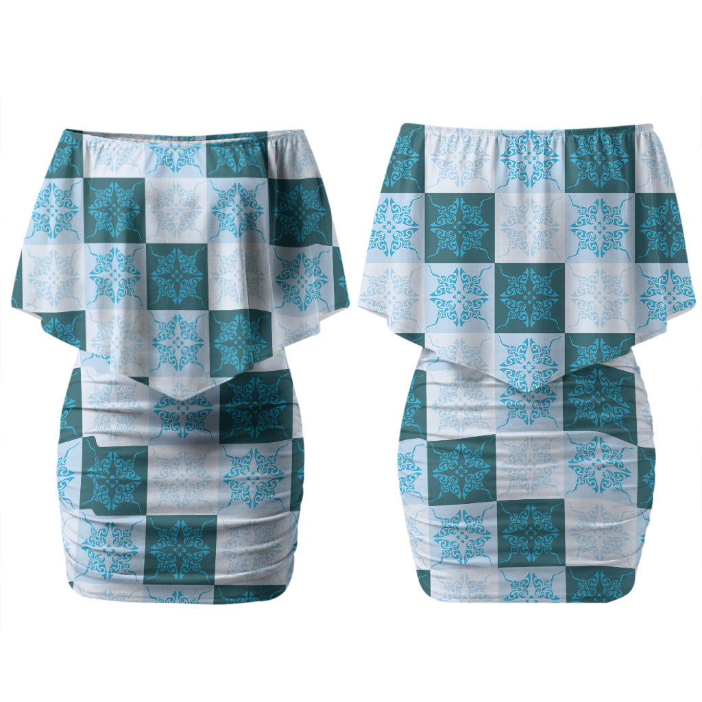 Cyan Manta Ray Hawaiian Quilt Motif Couples Matching Off Shoulder Short Dress and Long Sleeve Button Shirt