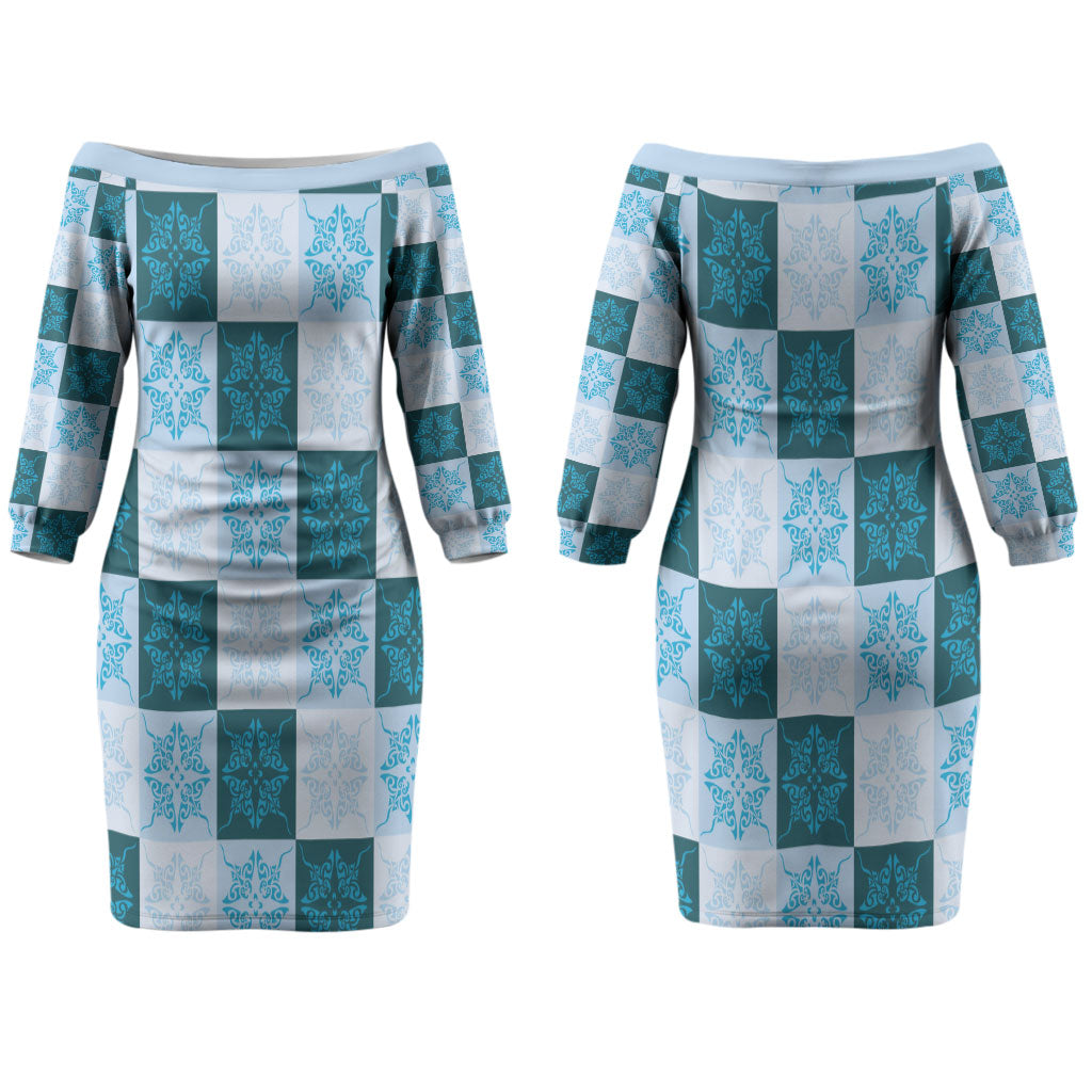 Cyan Manta Ray Hawaiian Quilt Motif Couples Matching Off The Shoulder Long Sleeve Dress and Hawaiian Shirt