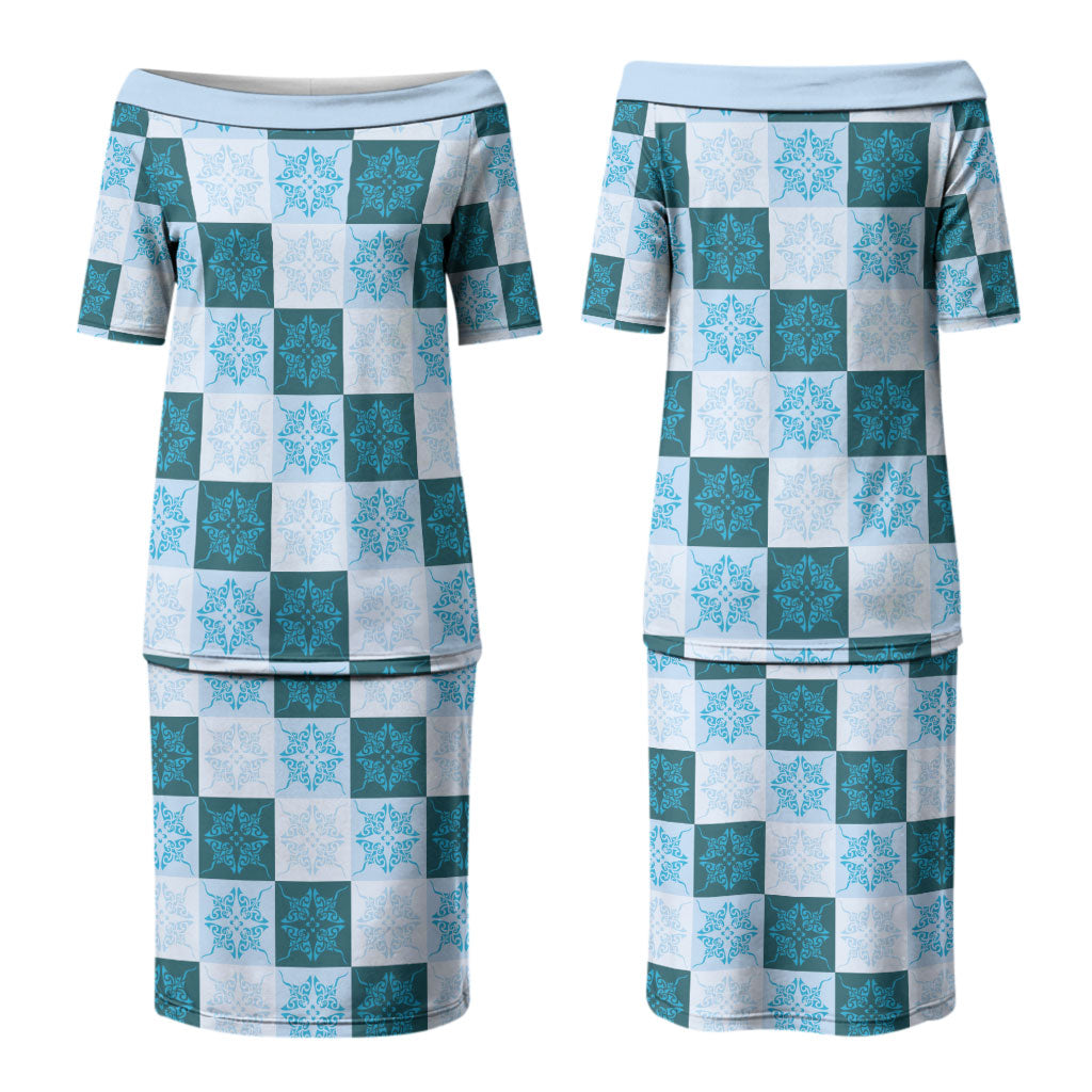 Cyan Manta Ray Hawaiian Quilt Motif Couples Matching Puletasi and Long Sleeve Button Shirt