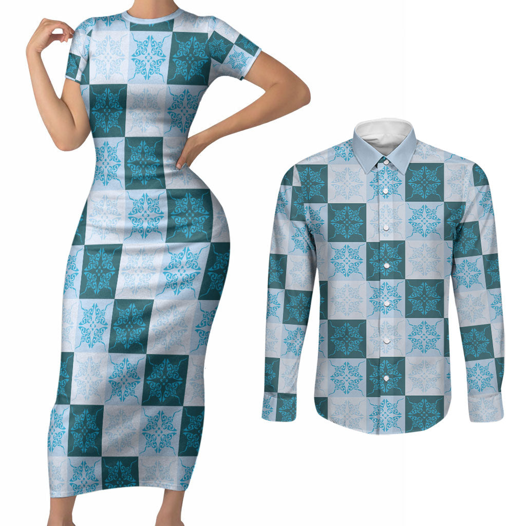 Cyan Manta Ray Hawaiian Quilt Motif Couples Matching Short Sleeve Bodycon Dress and Long Sleeve Button Shirt