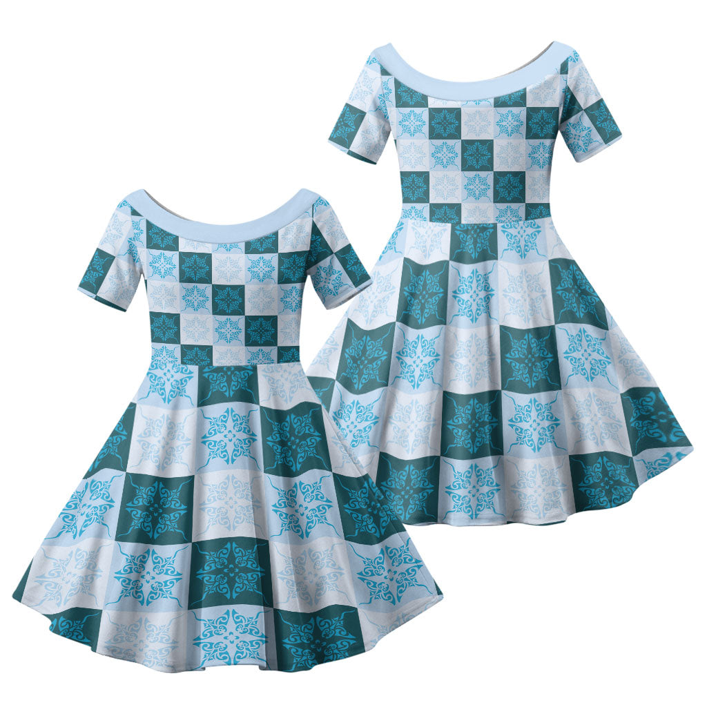 Cyan Manta Ray Hawaiian Quilt Motif Family Matching Mermaid Dress and Hawaiian Shirt