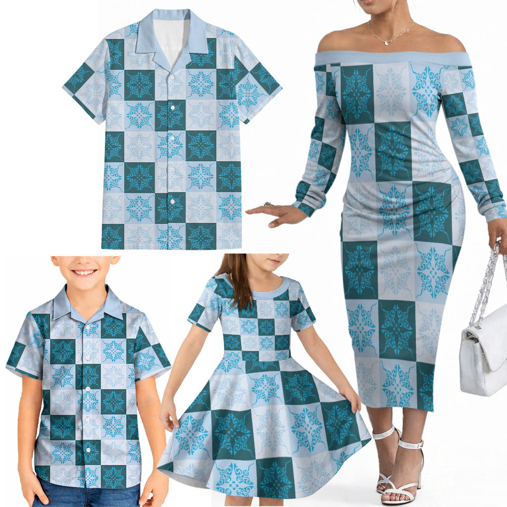 Cyan Manta Ray Hawaiian Quilt Motif Family Matching Off The Shoulder Long Sleeve Dress and Hawaiian Shirt