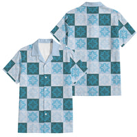 Cyan Manta Ray Hawaiian Quilt Motif Family Matching Off The Shoulder Long Sleeve Dress and Hawaiian Shirt