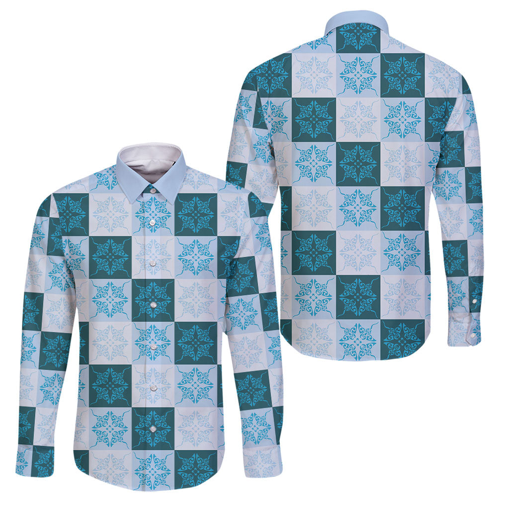 Cyan Manta Ray Hawaiian Quilt Motif Family Matching Off The Shoulder Long Sleeve Dress and Hawaiian Shirt