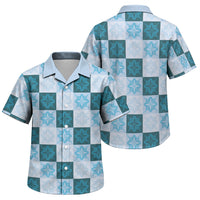Cyan Manta Ray Hawaiian Quilt Motif Family Matching Off Shoulder Maxi Dress and Hawaiian Shirt