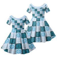 Cyan Manta Ray Hawaiian Quilt Motif Family Matching Puletasi and Hawaiian Shirt