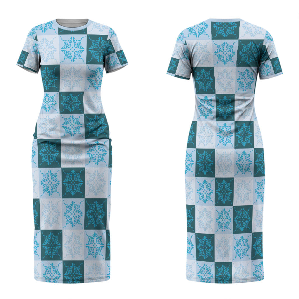 Cyan Manta Ray Hawaiian Quilt Motif Family Matching Short Sleeve Bodycon Dress and Hawaiian Shirt
