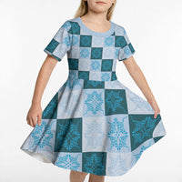 Cyan Manta Ray Hawaiian Quilt Motif Kid Short Sleeve Dress