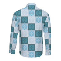 Cyan Manta Ray Hawaiian Quilt Motif Long Sleeve Button Shirt