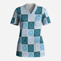 Cyan Manta Ray Hawaiian Quilt Motif Scrub Top