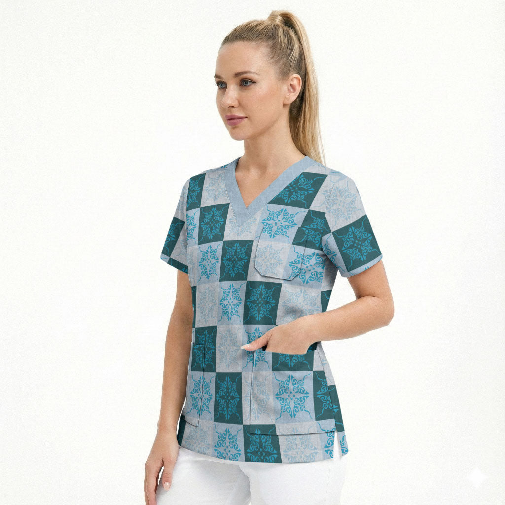 Cyan Manta Ray Hawaiian Quilt Motif Scrub Top