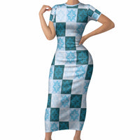 Cyan Manta Ray Hawaiian Quilt Motif Short Sleeve Bodycon Dress