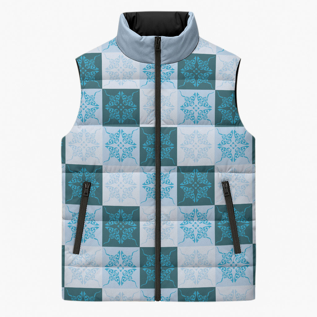 Cyan Manta Ray Hawaiian Quilt Motif Sleeveless Puffer Jacket
