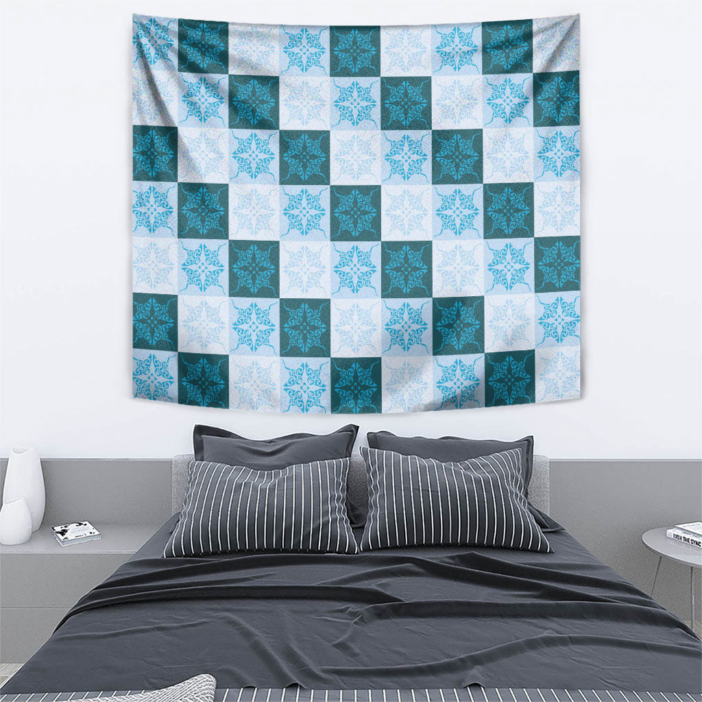 Cyan Manta Ray Hawaiian Quilt Motif Tapestry