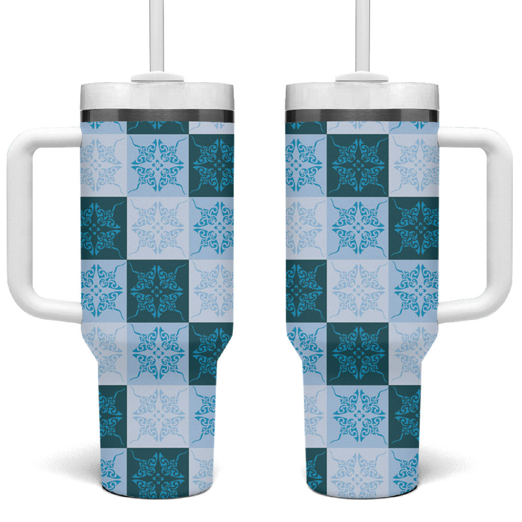 Cyan Manta Ray Hawaiian Quilt Motif Tumbler With Handle