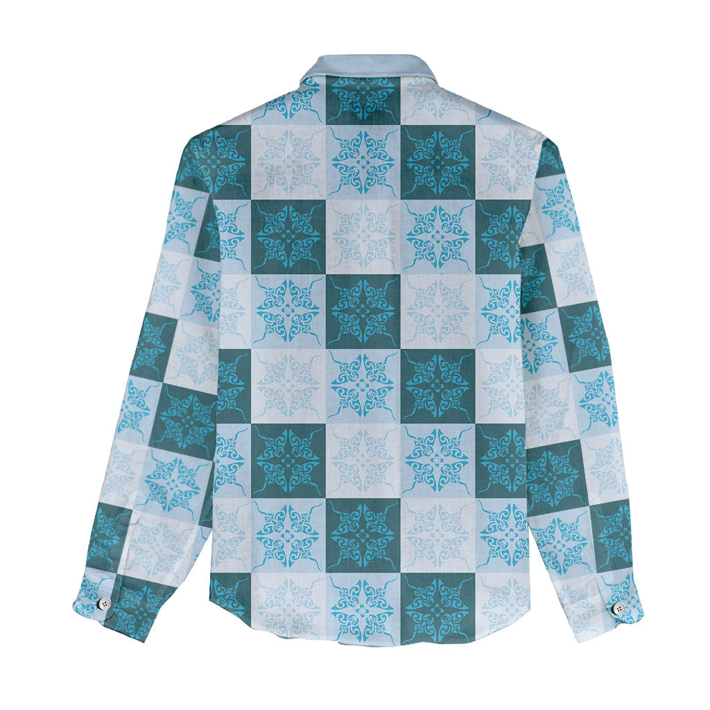 Cyan Manta Ray Hawaiian Quilt Motif Women Casual Shirt
