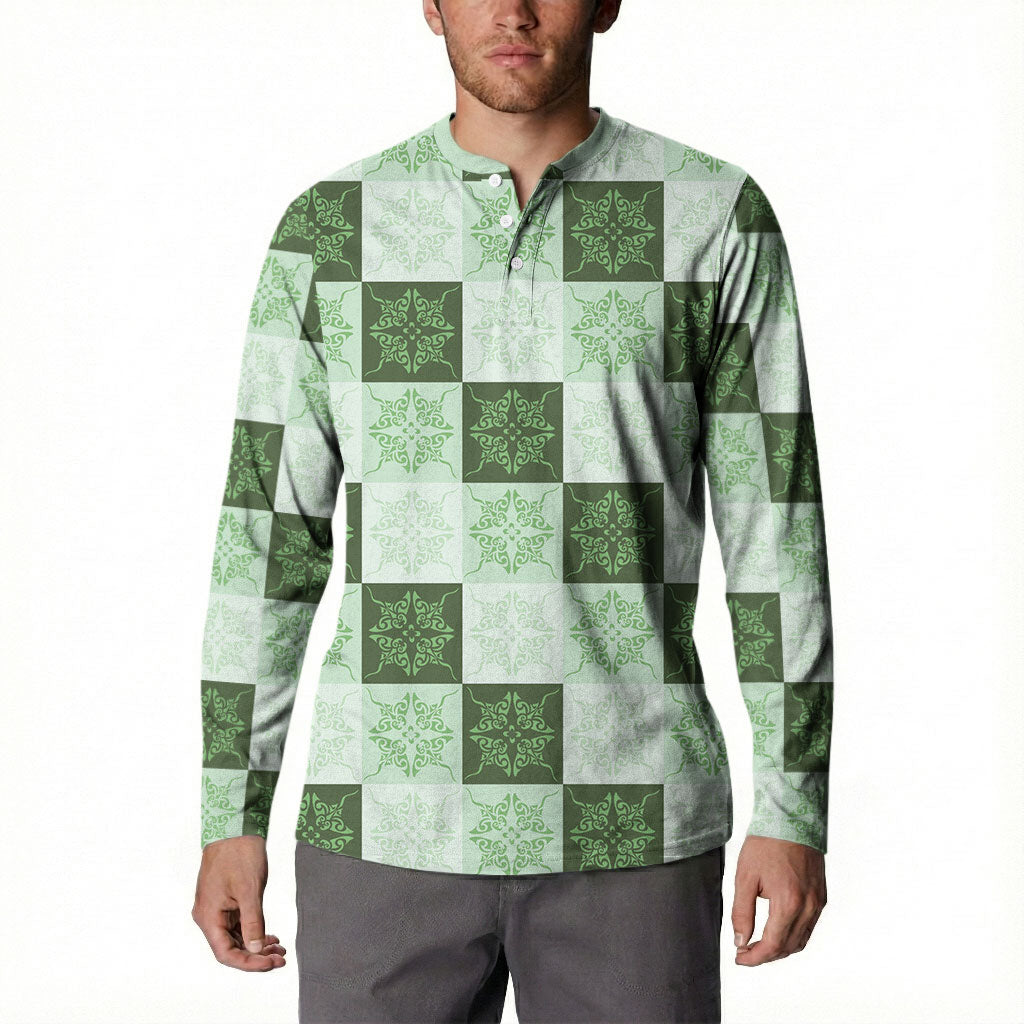 Sage Green Manta Ray Hawaiian Quilt Motif Button Sweatshirt