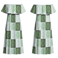 Sage Green Manta Ray Hawaiian Quilt Motif Couples Matching Off Shoulder Maxi Dress and Long Sleeve Button Shirt