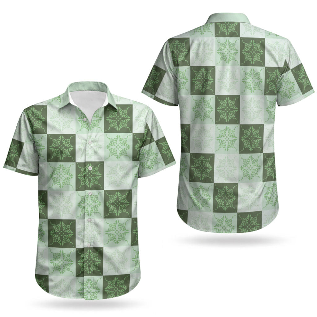 Sage Green Manta Ray Hawaiian Quilt Motif Couples Matching Off Shoulder Short Dress and Hawaiian Shirt