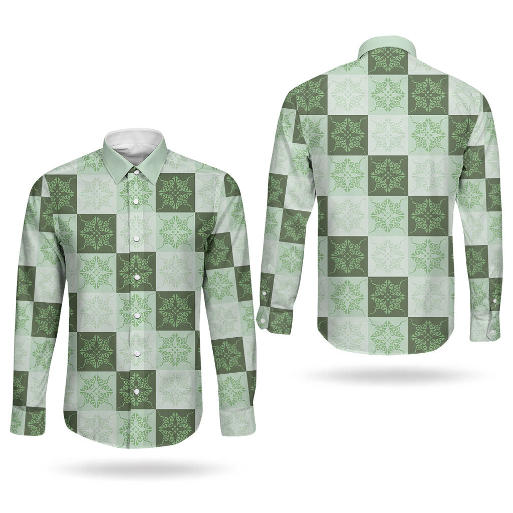 Sage Green Manta Ray Hawaiian Quilt Motif Couples Matching Off Shoulder Short Dress and Long Sleeve Button Shirt