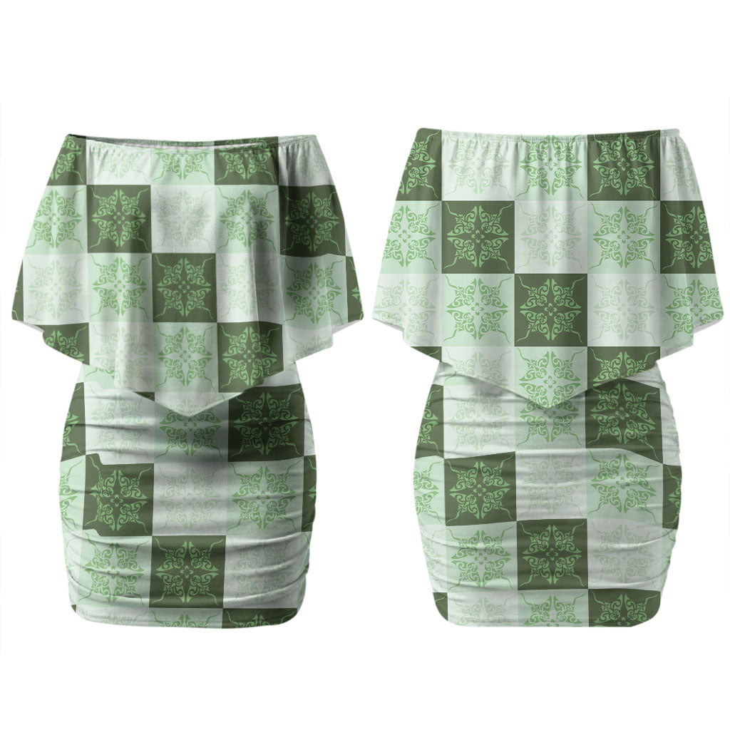 Sage Green Manta Ray Hawaiian Quilt Motif Couples Matching Off Shoulder Short Dress and Long Sleeve Button Shirt