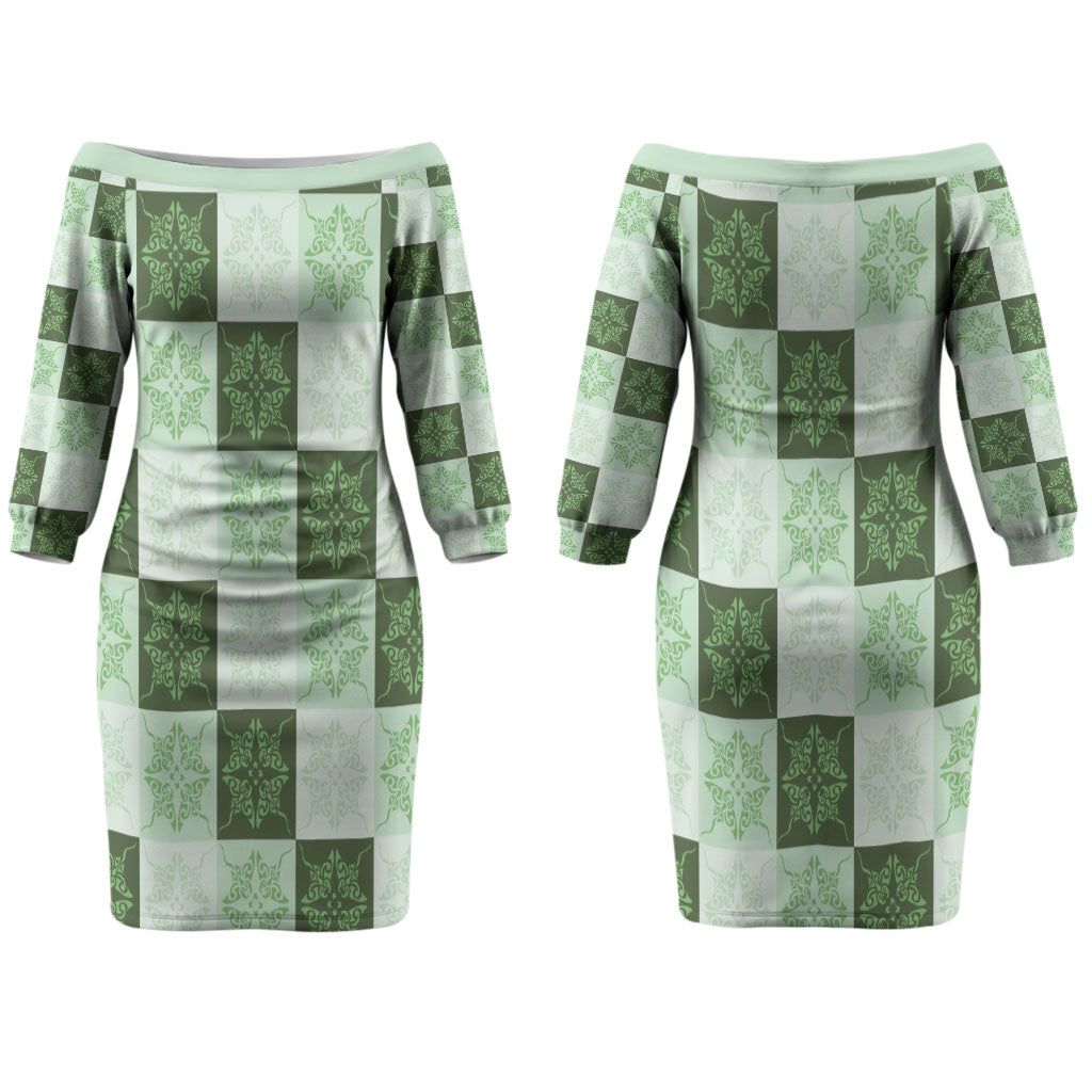Sage Green Manta Ray Hawaiian Quilt Motif Couples Matching Off The Shoulder Long Sleeve Dress and Long Sleeve Button Shirt