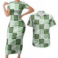 Sage Green Manta Ray Hawaiian Quilt Motif Couples Matching Short Sleeve Bodycon Dress and Hawaiian Shirt