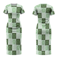 Sage Green Manta Ray Hawaiian Quilt Motif Couples Matching Short Sleeve Bodycon Dress and Long Sleeve Button Shirt