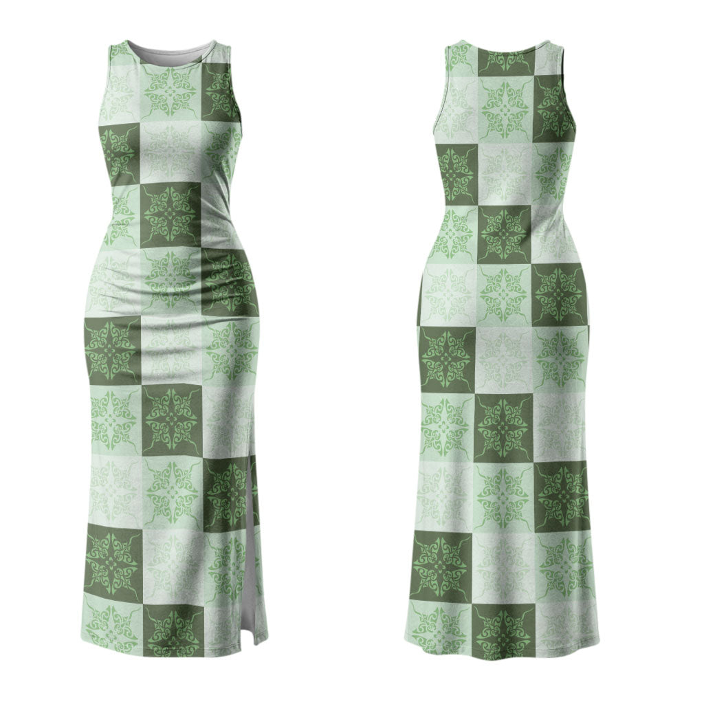 Sage Green Manta Ray Hawaiian Quilt Motif Couples Matching Tank Maxi Dress and Hawaiian Shirt