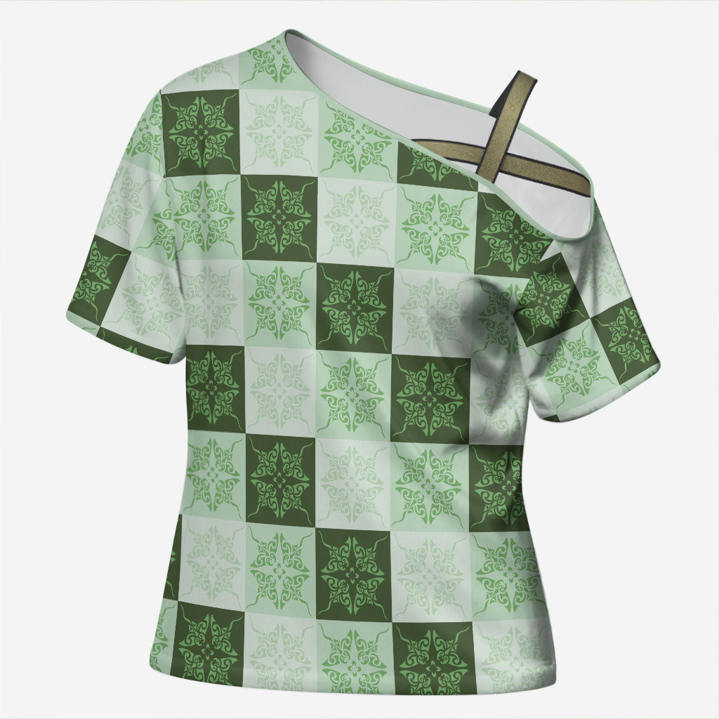 Sage Green Manta Ray Hawaiian Quilt Motif Cross Shoulder Shirt