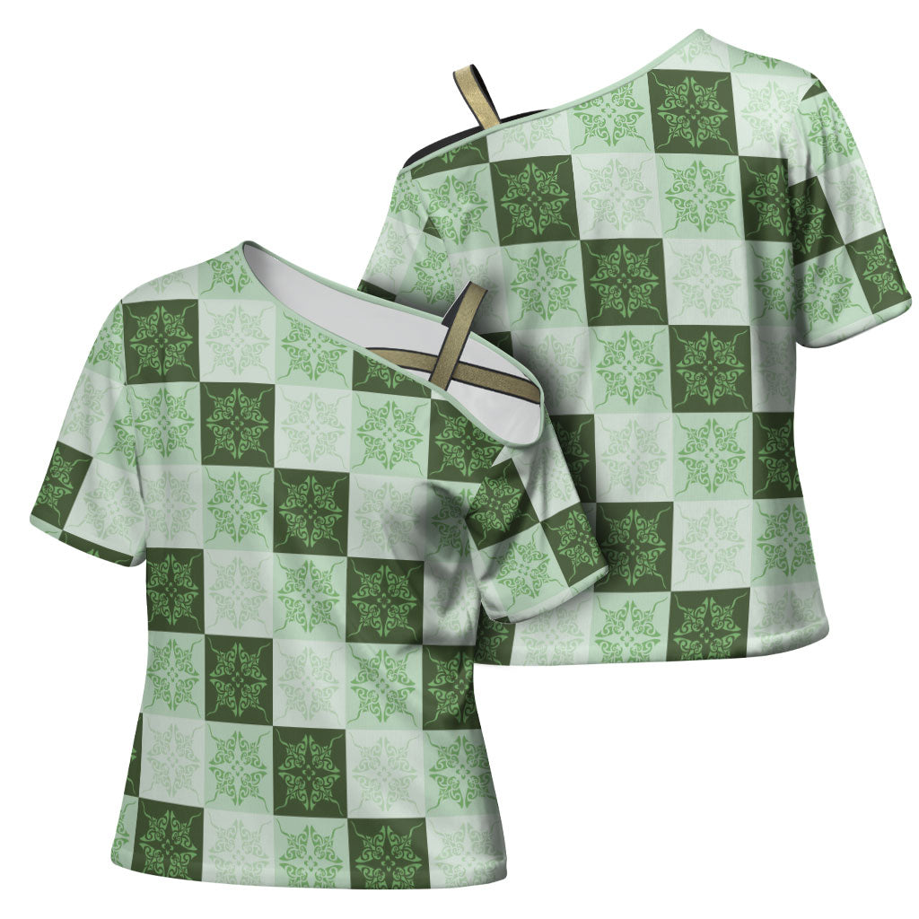 Sage Green Manta Ray Hawaiian Quilt Motif Cross Shoulder Shirt