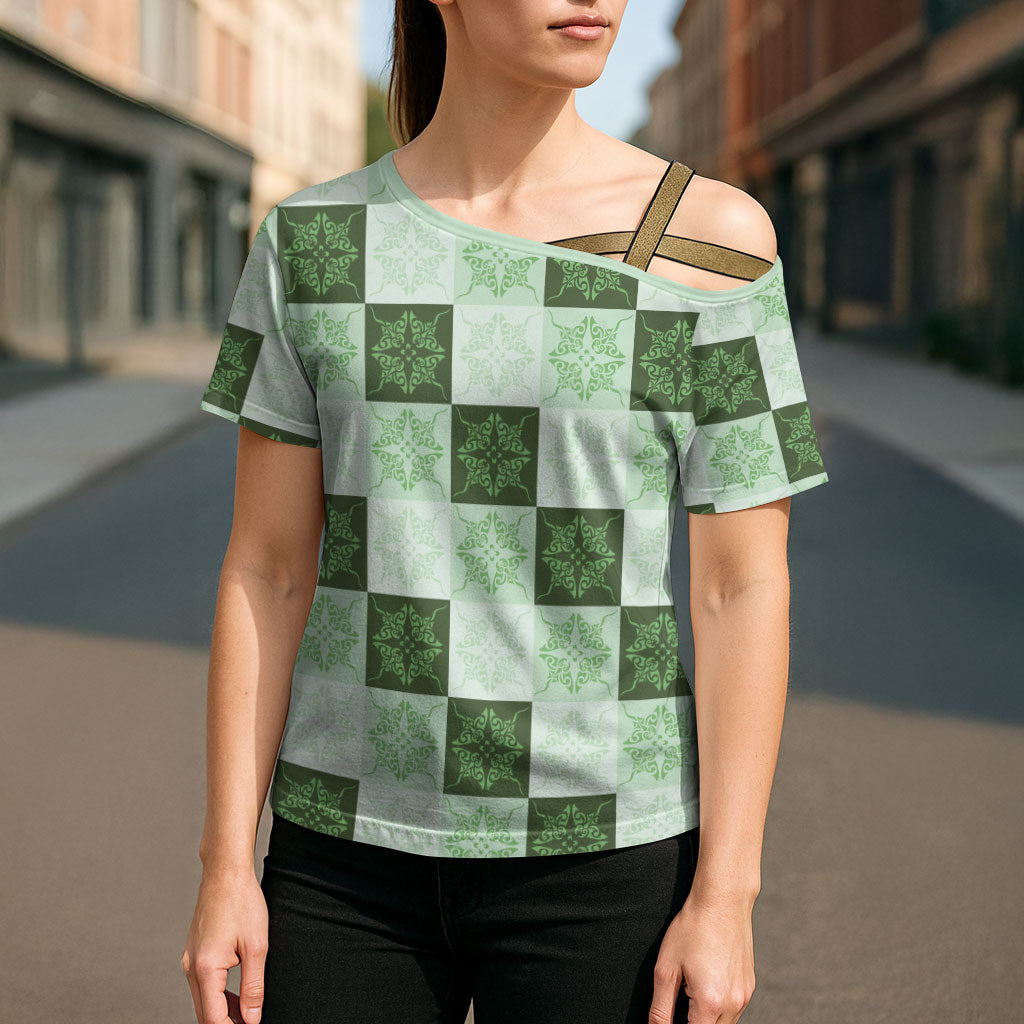 Sage Green Manta Ray Hawaiian Quilt Motif Cross Shoulder Shirt