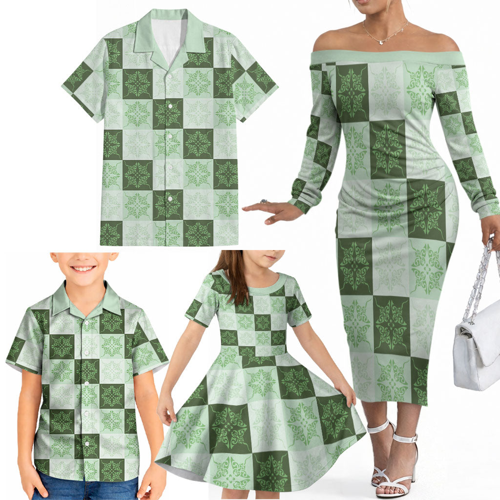 Sage Green Manta Ray Hawaiian Quilt Motif Family Matching Off The Shoulder Long Sleeve Dress and Hawaiian Shirt