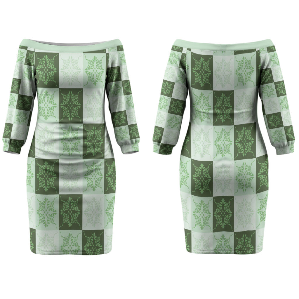 Sage Green Manta Ray Hawaiian Quilt Motif Family Matching Off The Shoulder Long Sleeve Dress and Hawaiian Shirt