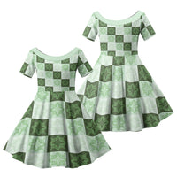 Sage Green Manta Ray Hawaiian Quilt Motif Family Matching Off The Shoulder Long Sleeve Dress and Hawaiian Shirt