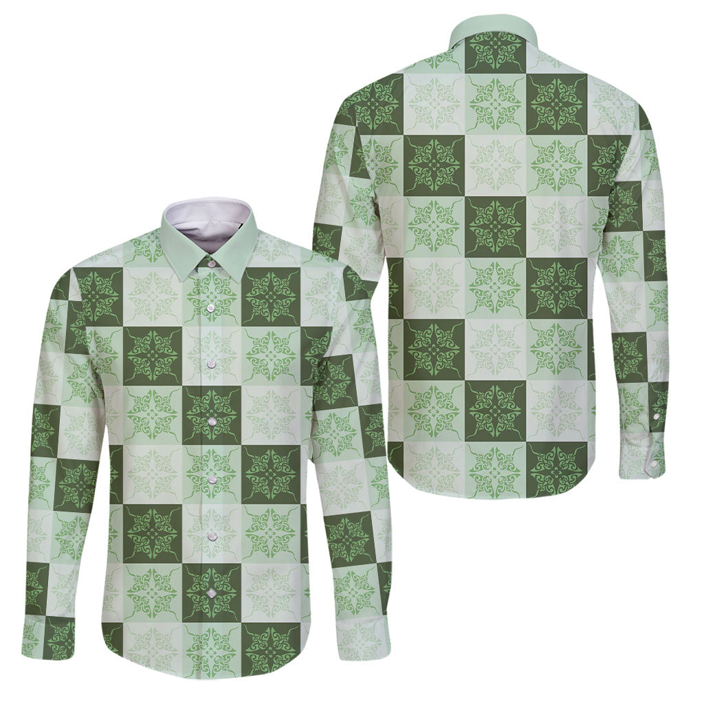 Sage Green Manta Ray Hawaiian Quilt Motif Family Matching Off Shoulder Short Dress and Hawaiian Shirt