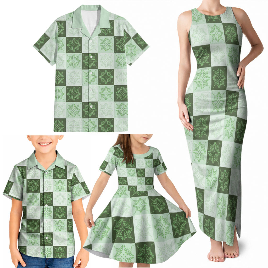 Sage Green Manta Ray Hawaiian Quilt Motif Family Matching Tank Maxi Dress and Hawaiian Shirt