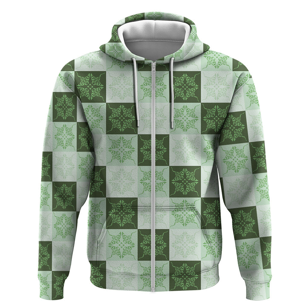 Sage Green Manta Ray Hawaiian Quilt Motif Hoodie